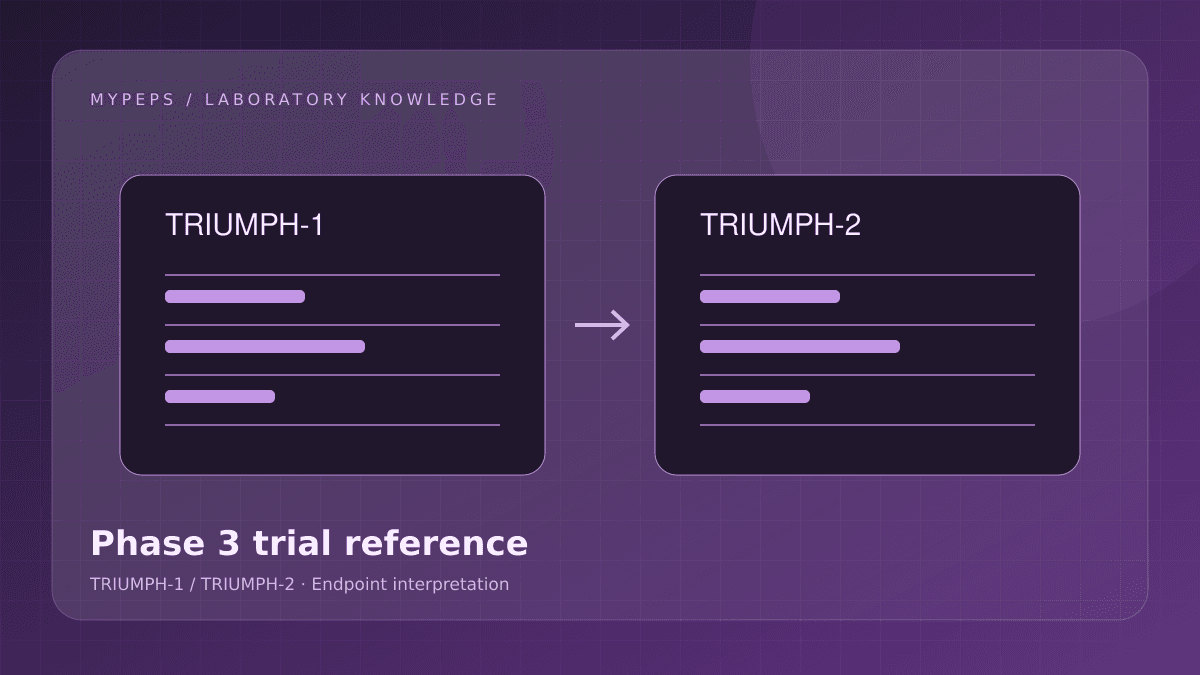 Illustrated paired trial records and endpoint comparison matrix; not an outcome chart